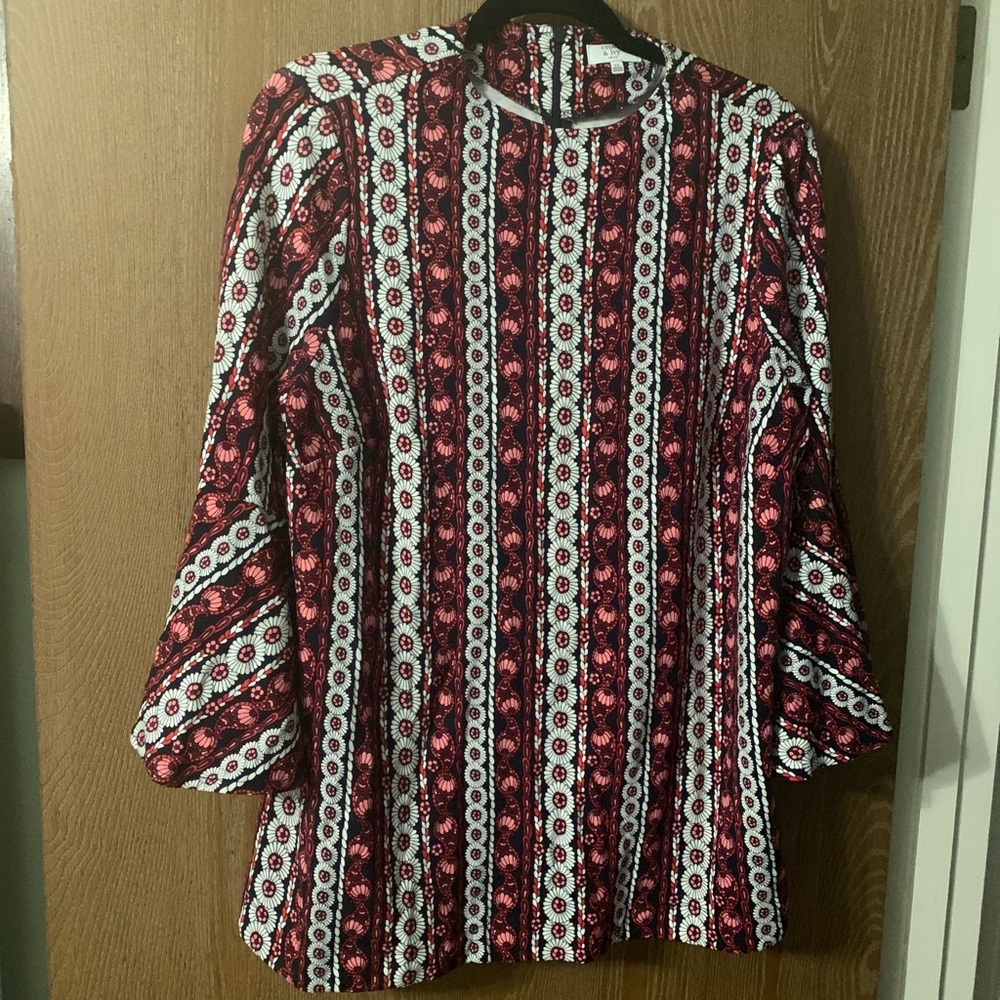 Crown and Ivy red, pink, white, and black floral long sleeve blouse